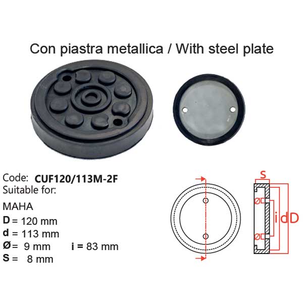 Tampone a cuffia con piastra metallica - CUF120/113M-2F - Per sollevatori modello: MAHA, ORLANDINI, EUROLIFT ZAVAGLI Tampone a cuffia con piastra metallica - CUF120/113M-2F - Per sollevatori modello: MAHA, ORLANDINI, EUROLIFT ZAVAGLI